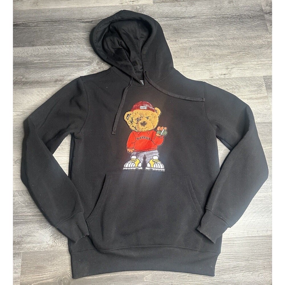 B&M Savage Teddy Bear Pullover Hoodie Sweatshirt Mens Size Small Black Graphic